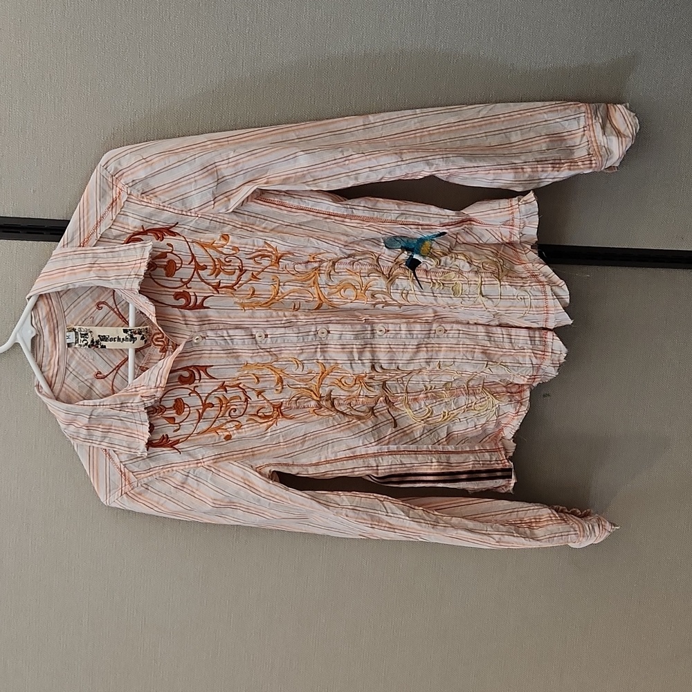Johnny Was Striped Embroidered Button Down Shirt